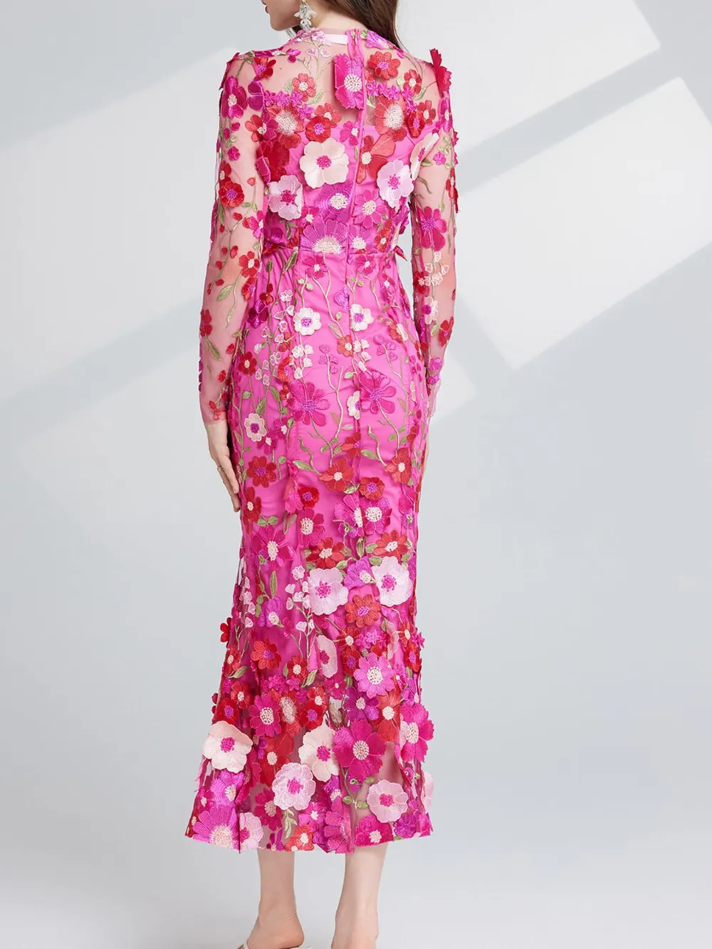 Floral Embroidered Mesh Long Sleeve Midi Dress, image 23