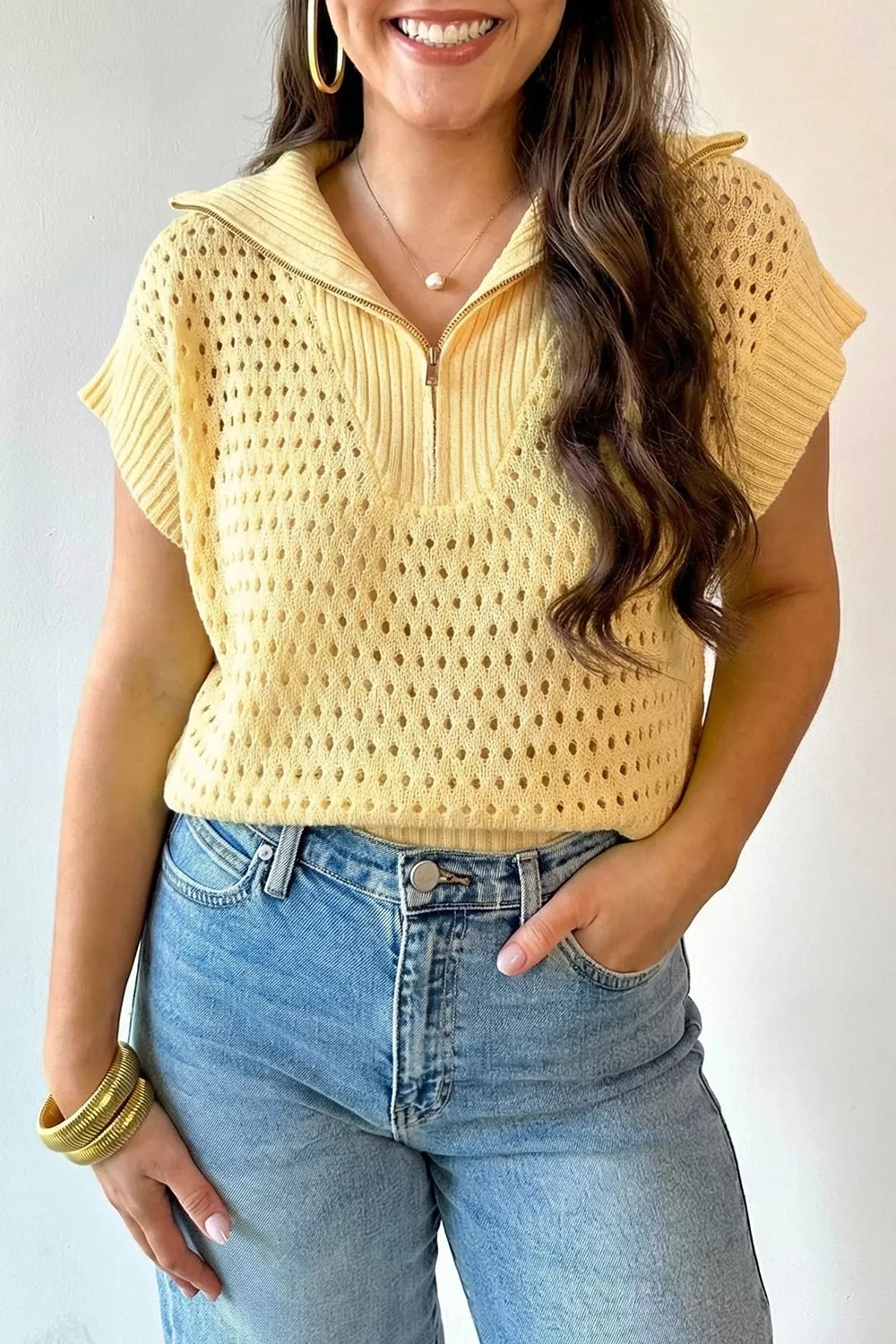 Solid Color Hollowed Knit Short Sleeve Zipper Collar Knitwear Top, image 3
