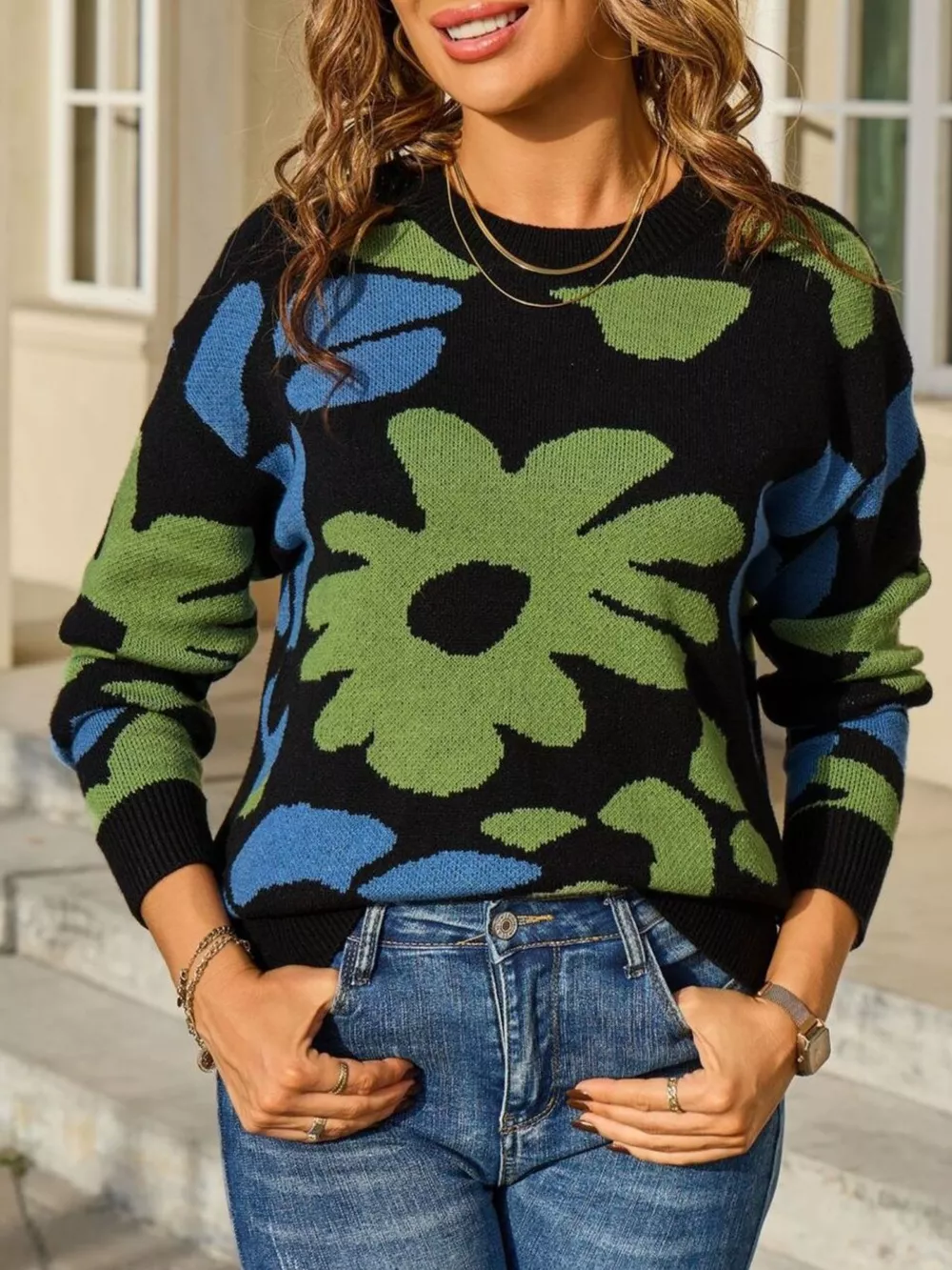 Floral Crew Neck Long Sleeve Sweater, image 10