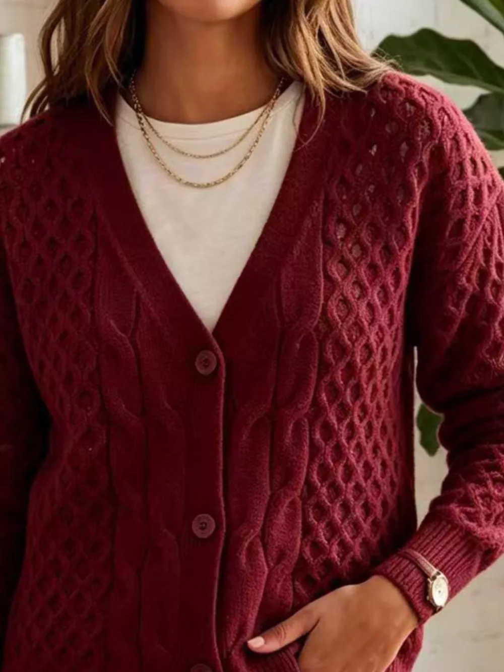 Cable-Knit V-Neck Button-Down Cardigan, image 12