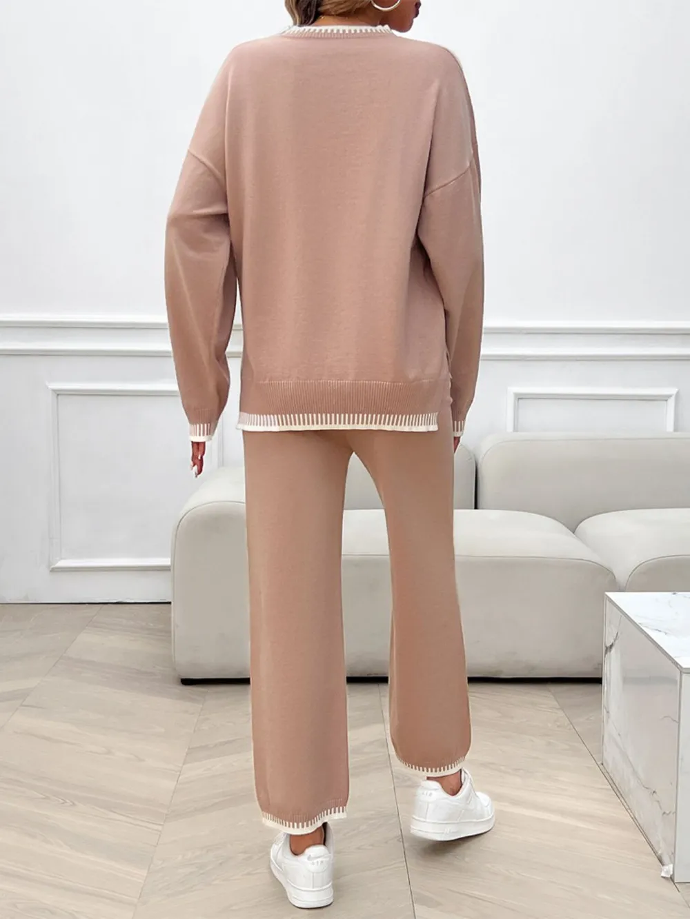 Round Neck Dropped Shoulder Top and Pants Sweater Set, image 3