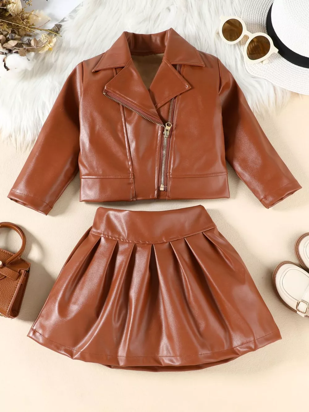 Children's Faux Leather Jacket & Pleated Skirt Set, image 8