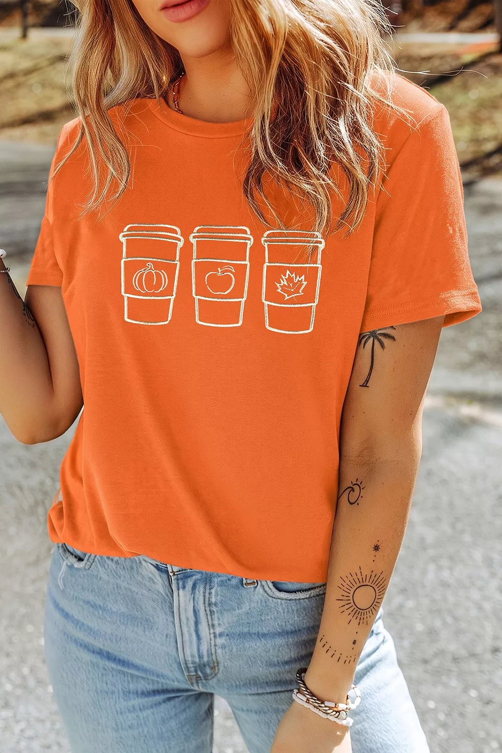 Embroidered Fall Drinks Round Neck Tee, image 2