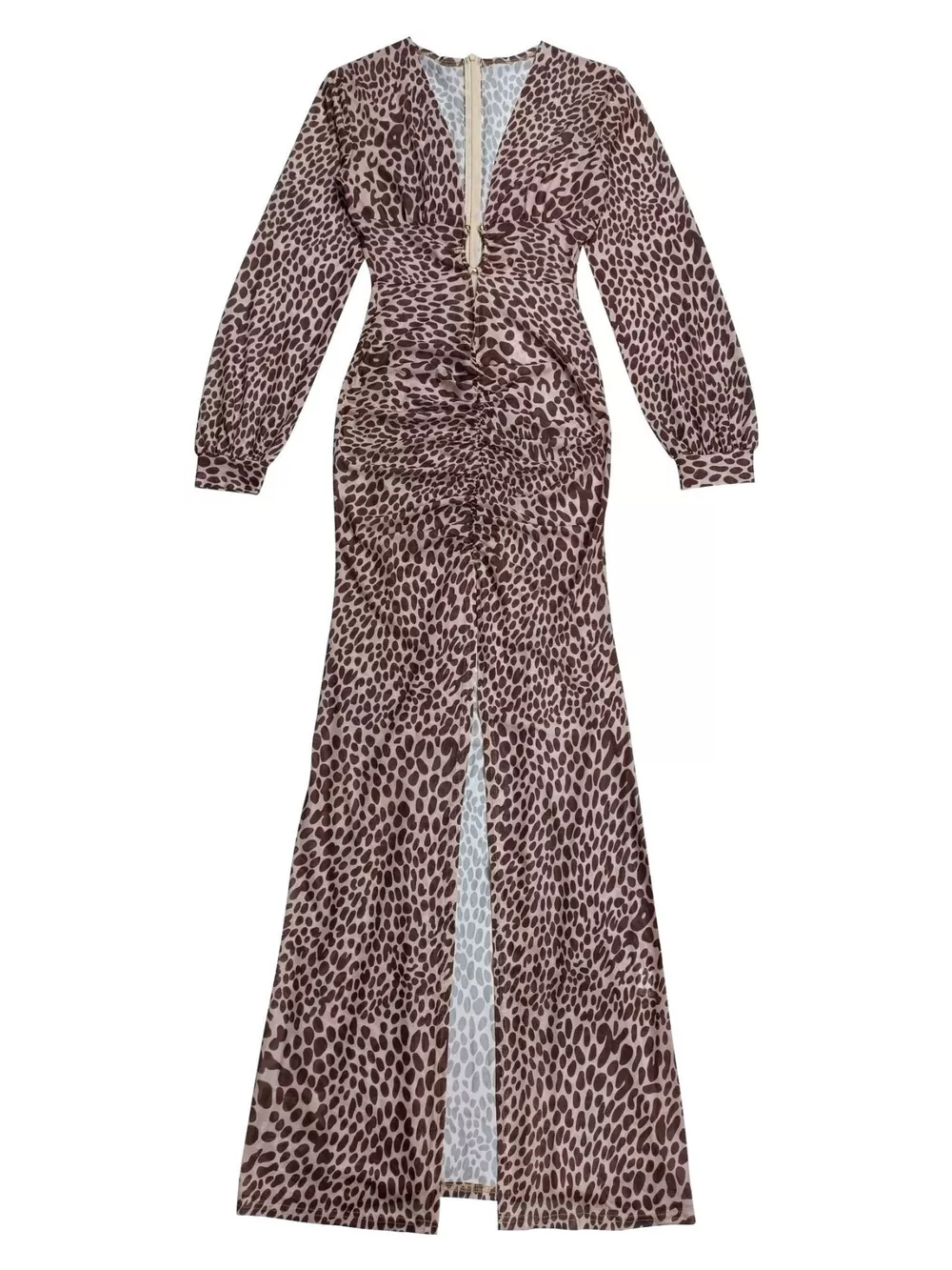 Leopard Print Deep V-Neck Long Sleeve High Slit Maxi Dress, image 6