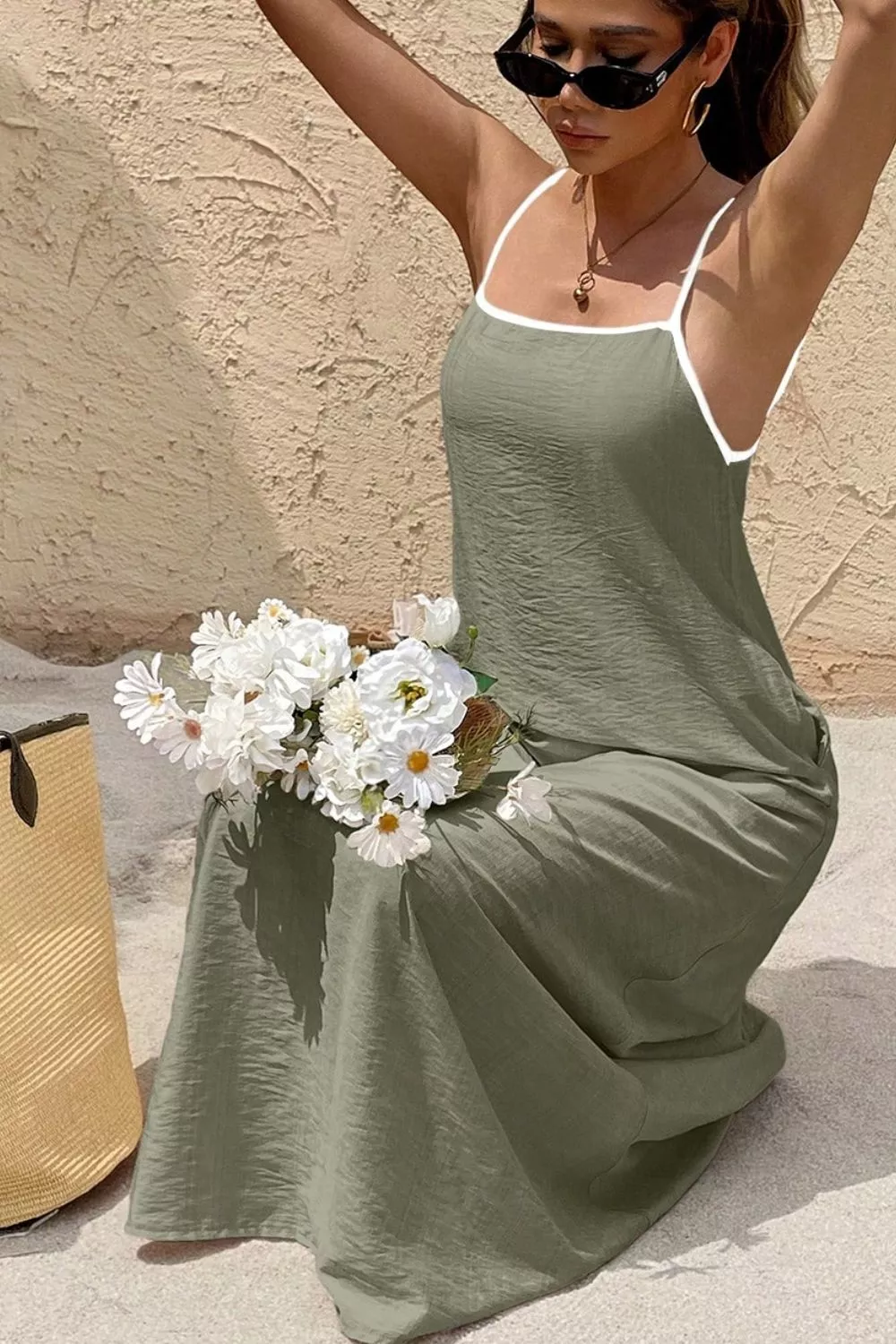 Spaghetti Strap Maxi Dress with Contrast Trim, image 4