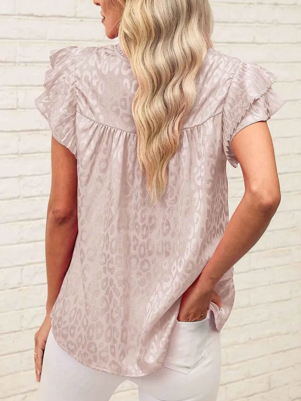 Leopard Frill Mock Neck Ruffled Cap Sleeve Top, image 16