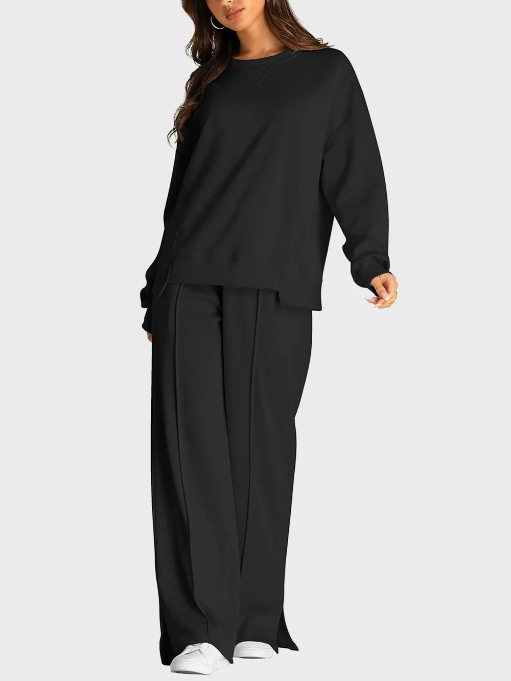 Round Neck Long Sleeve Top and Slit Pants Set, image 19