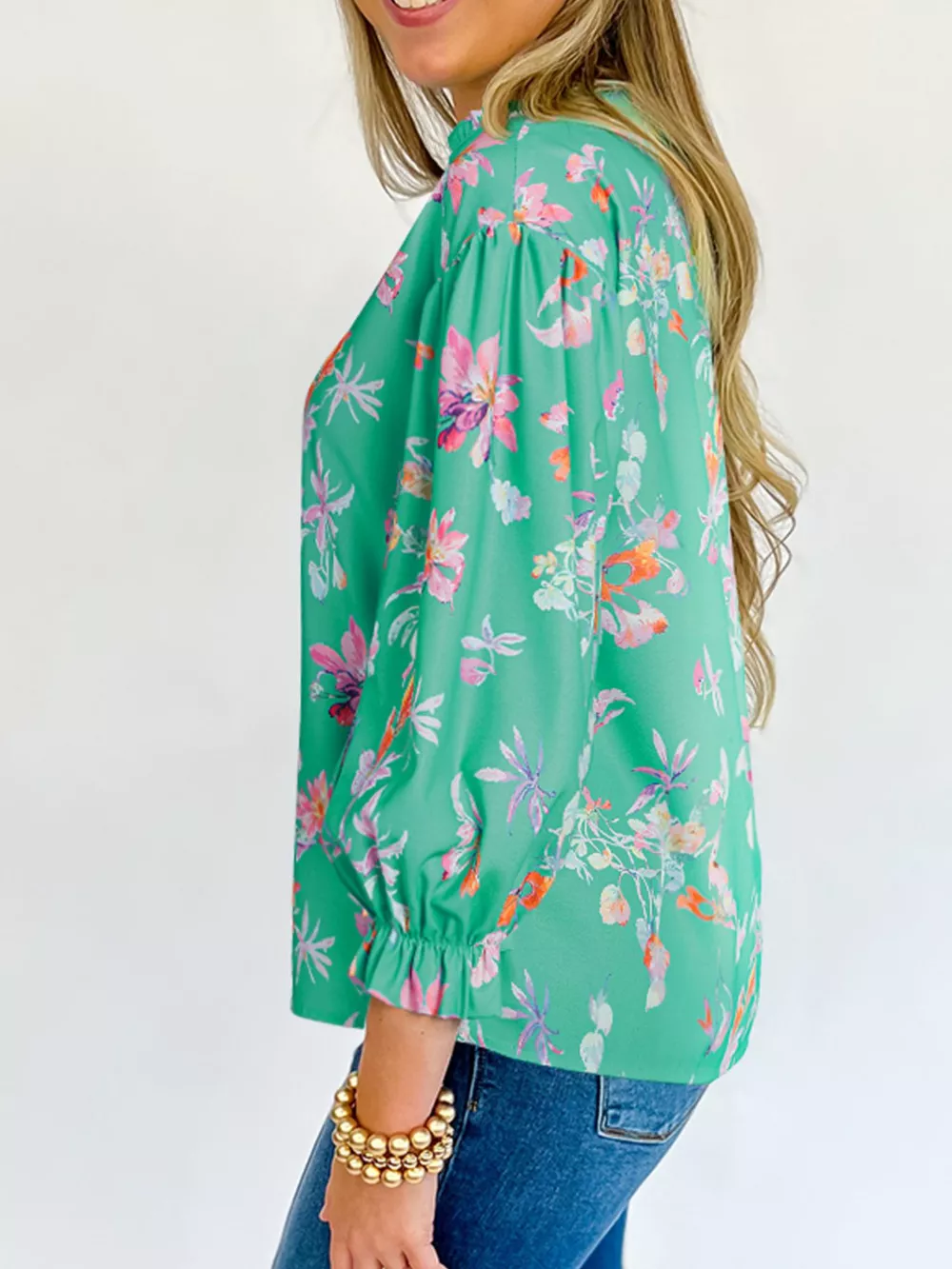 Floral Lantern Sleeve Button Front Shirt, image 2