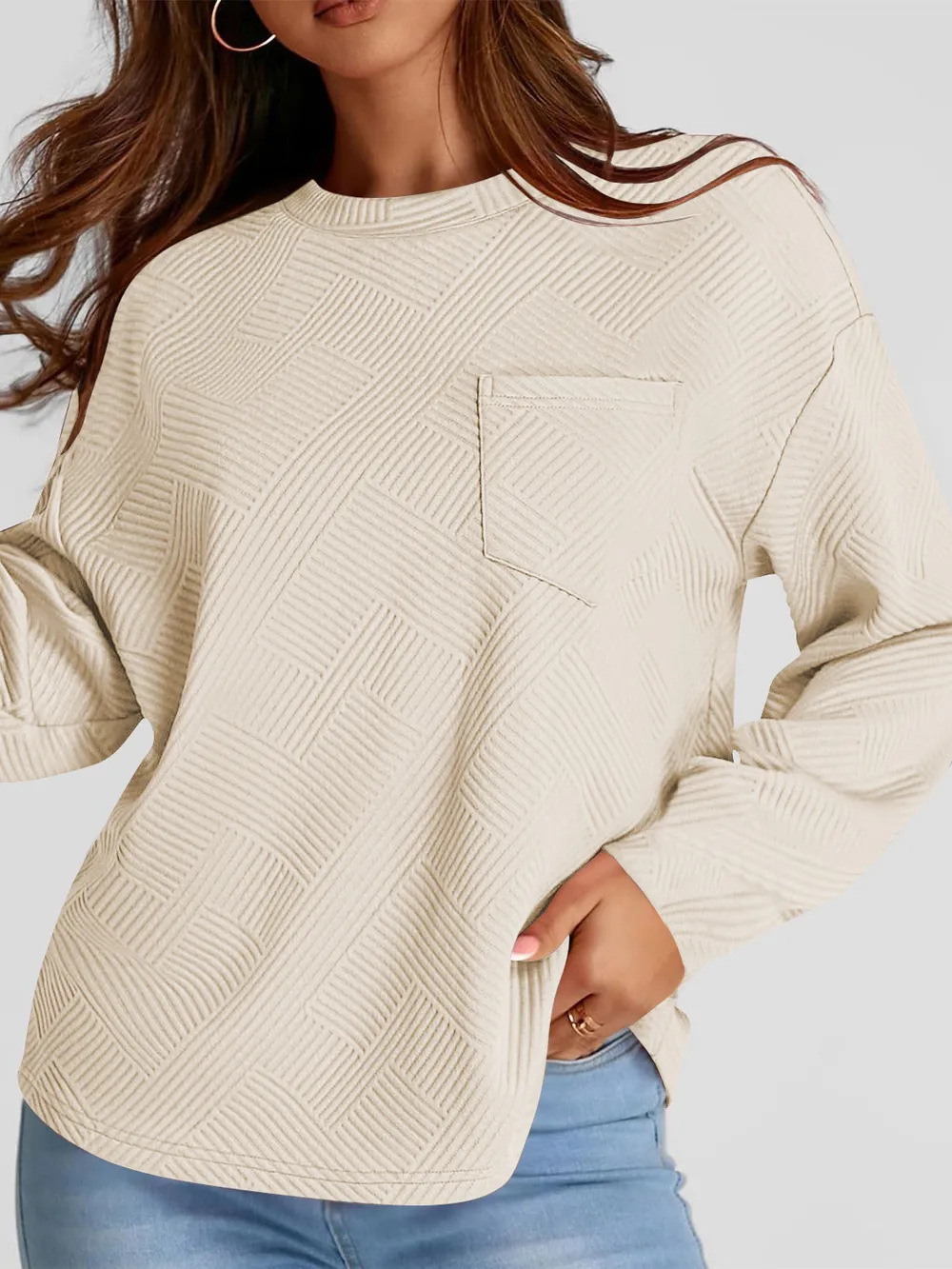 Full Size Texture Round Neck Long Sleeve Sweatshirt, image 4