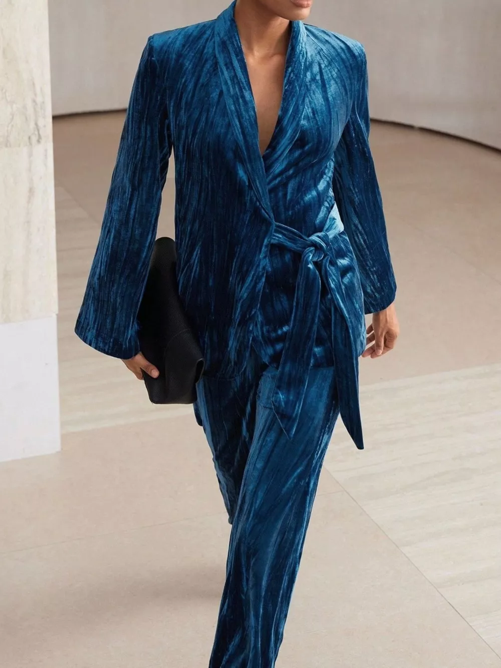 Velvet Tie Waist Blazer and Pants Set
