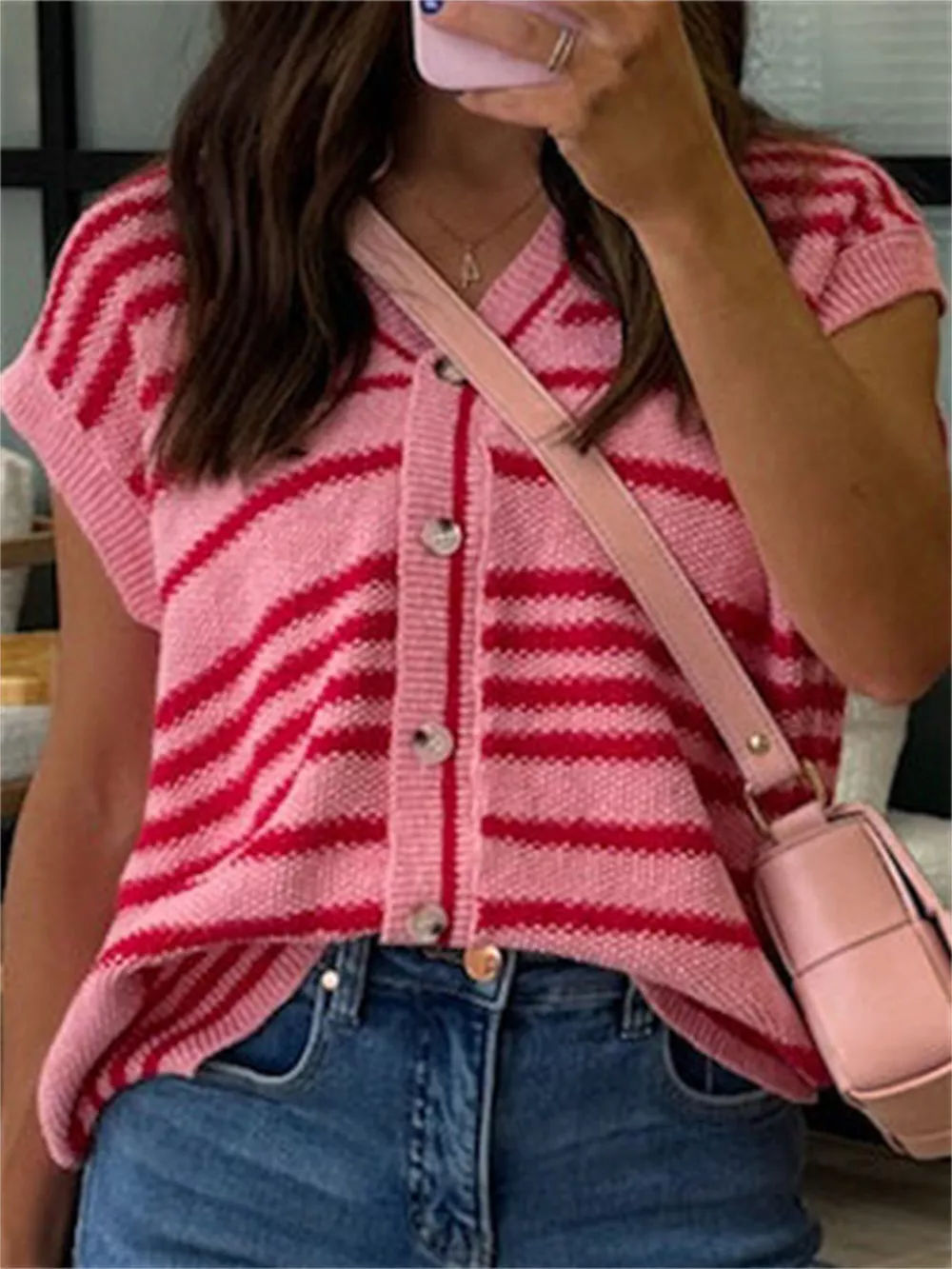 Striped Knit Button Up Cap Sleeve Cardigan, image 5