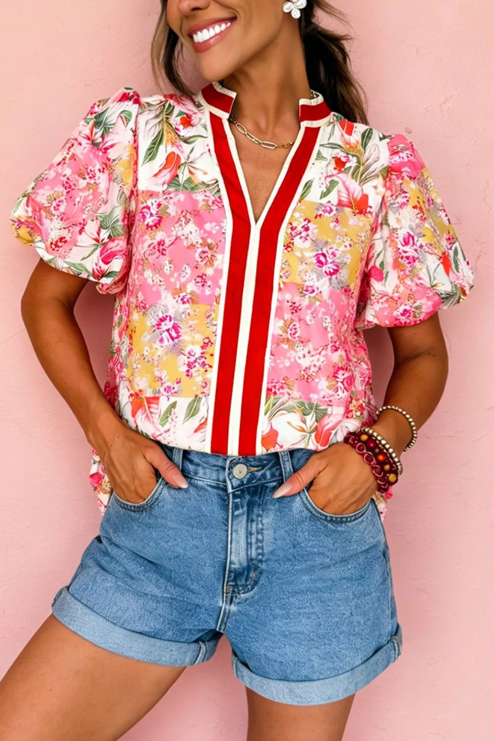 Contrast Collared V Neck Short Sleeve Floral Blouse, image 2