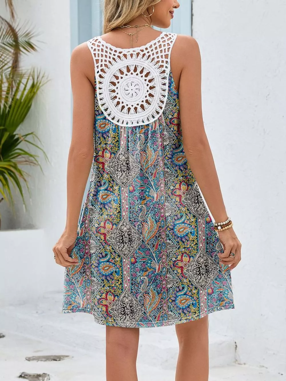 Floral Print V-Neck Crochet Back Mini Dress, image 7