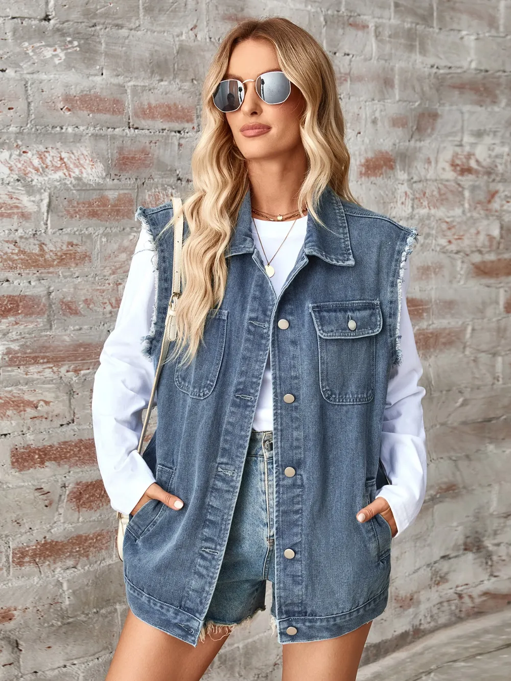 Raw Hem Sleeveless Button Up Denim Jacket, image 10