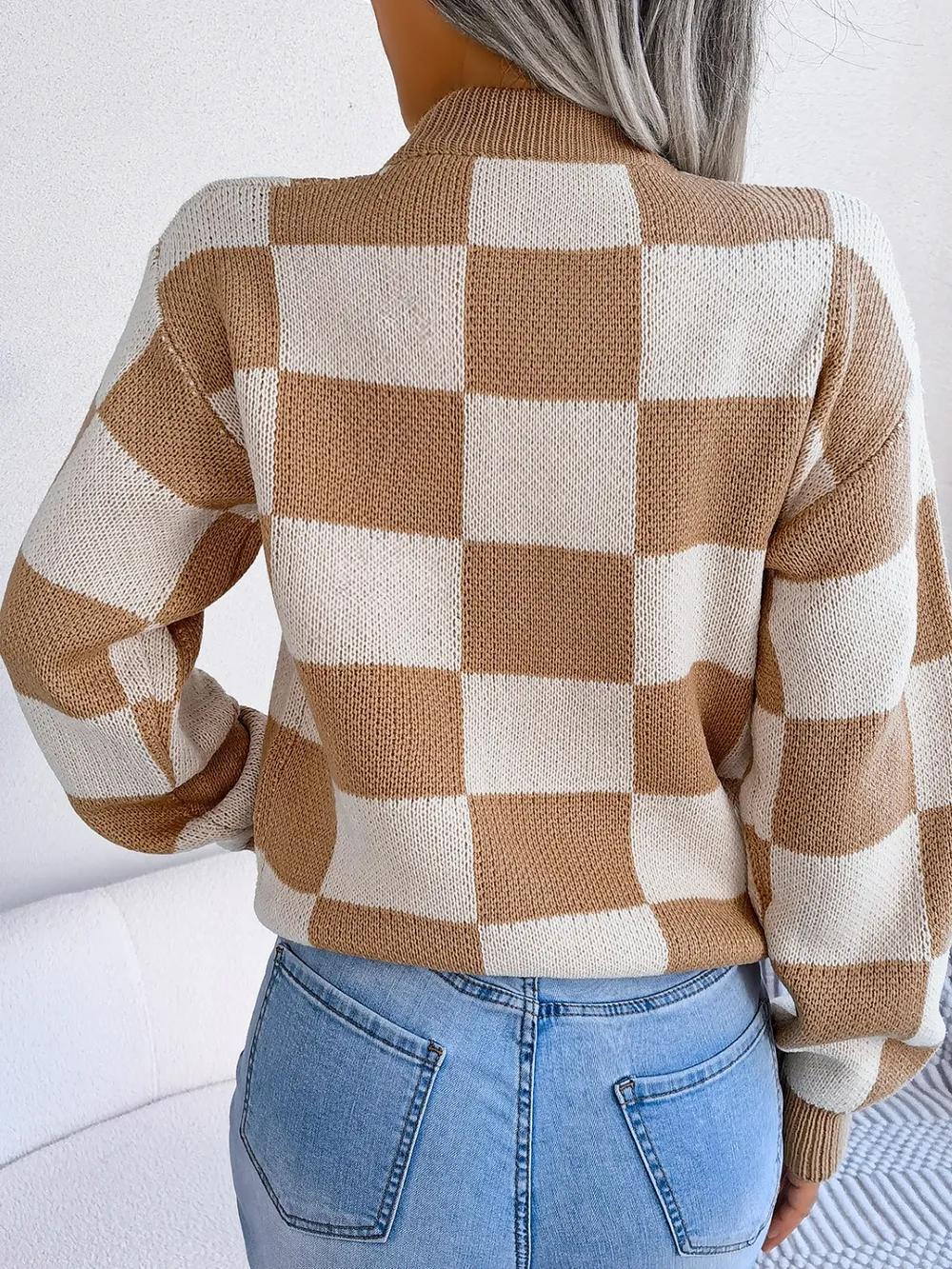 Checkered Mock Neck Long Sleeve Sweater, image 8