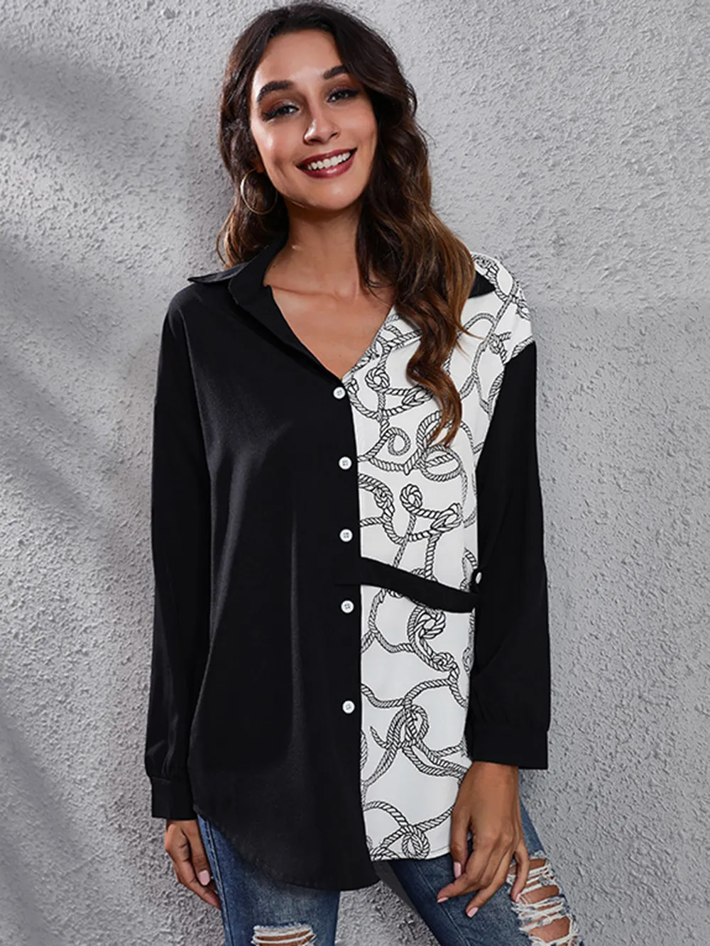 Printed Collared Neck Long Sleeve Shirt, image 6