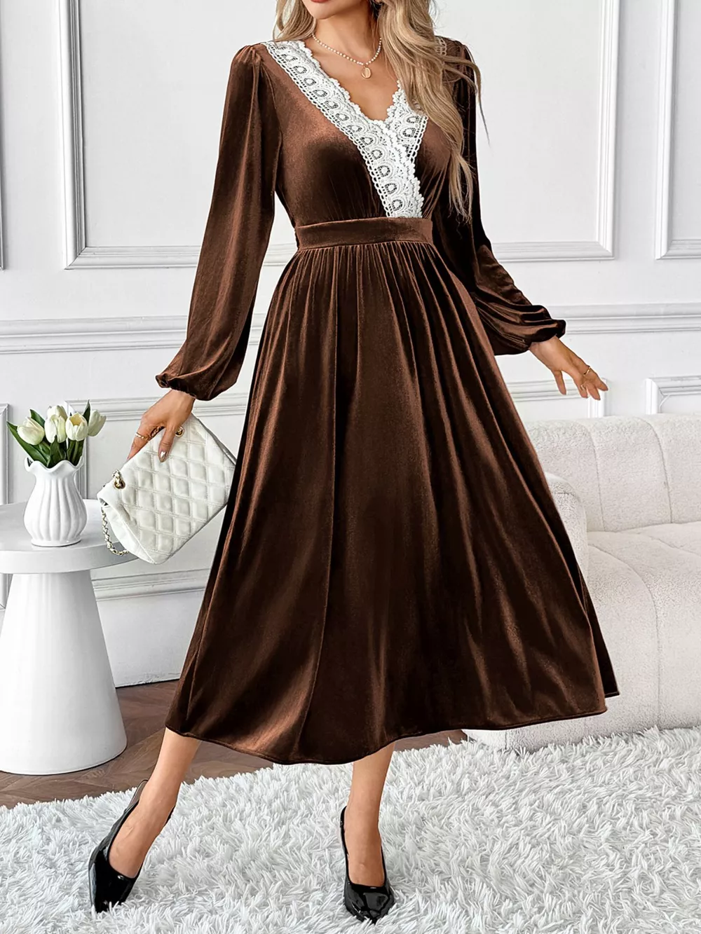 Velvet A-Line Dress with Lace Trim, image 3