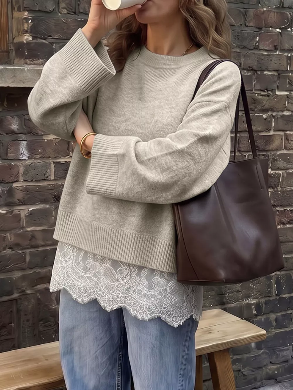 Layered Lace Hem Crew Neck Sweater, image 4