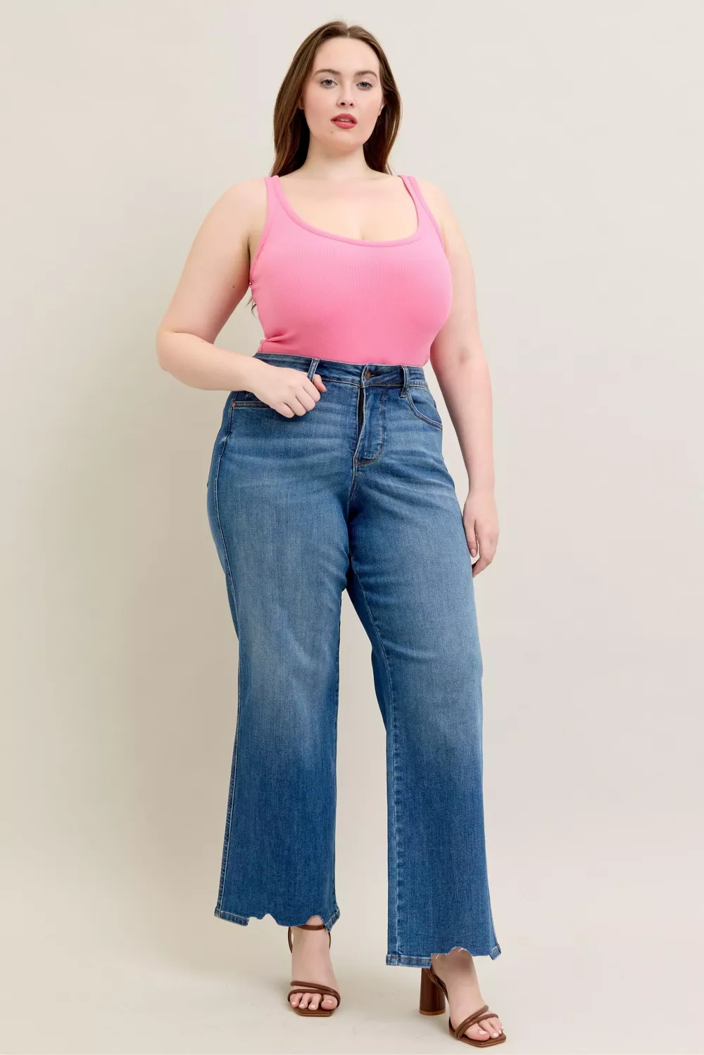 Full Size High Waist Tummy Control Chew Hem Destroy Wide Jeans Plus Size, image 7