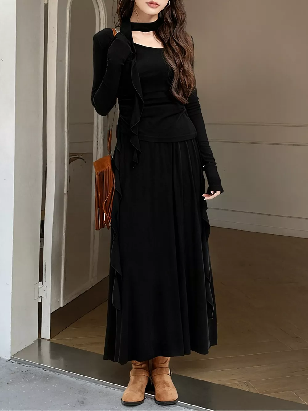 Ruffled Long Sleeve Knit Top and Maxi Skirt Set, image 7
