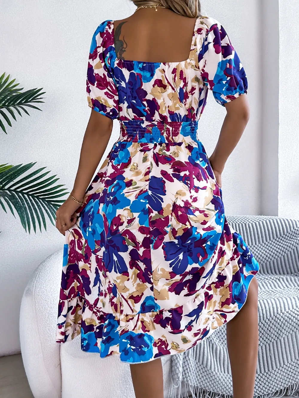 Ruffled Hem Smocked Floral Short Sleeve Midi Dress, image 11