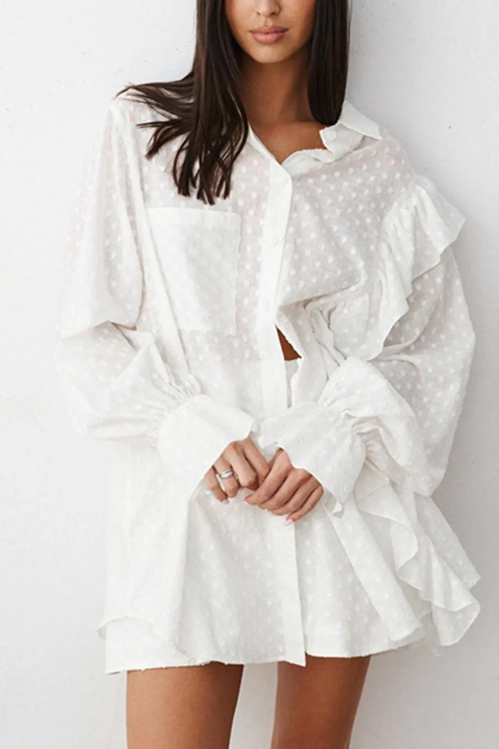 Ruffled Dot Applique Collared Neck Top and Shorts Set, image 3