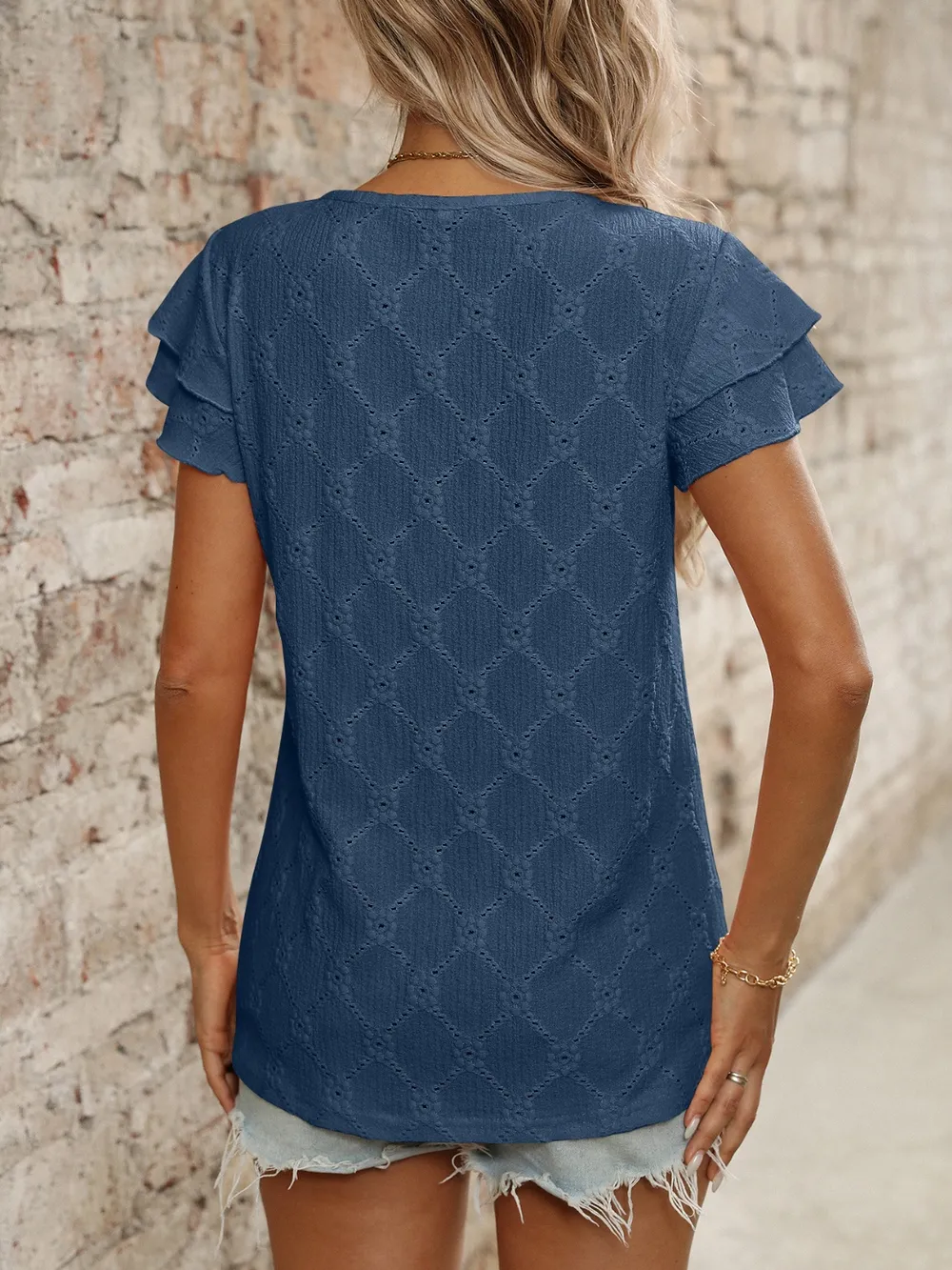 Eyelet Round Neck Double Layered Ruffled Short Sleeve Top, image 24