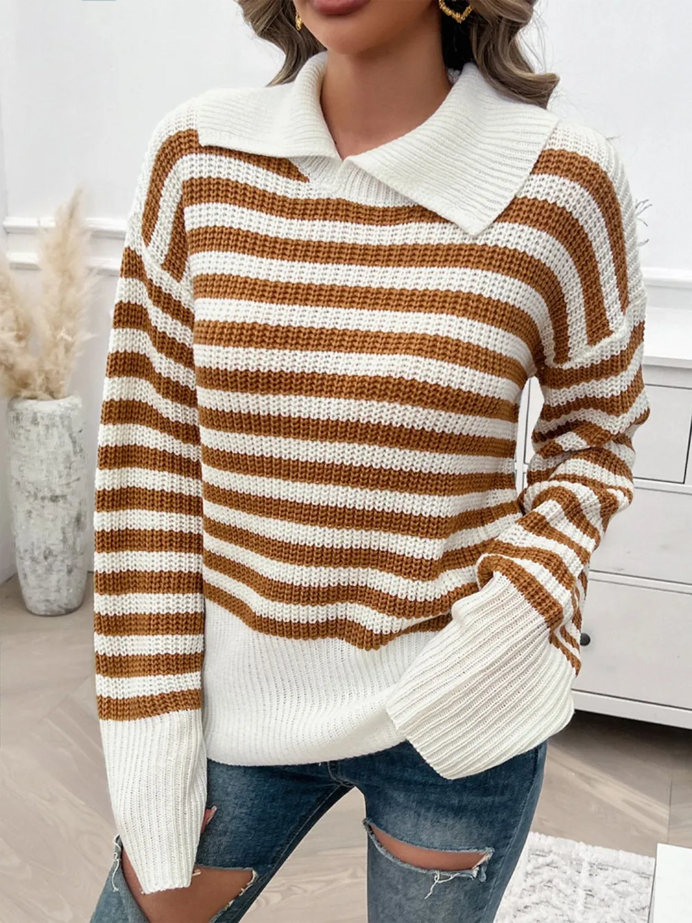 Striped Collared Neck Long Sleeve Sweater, image 5