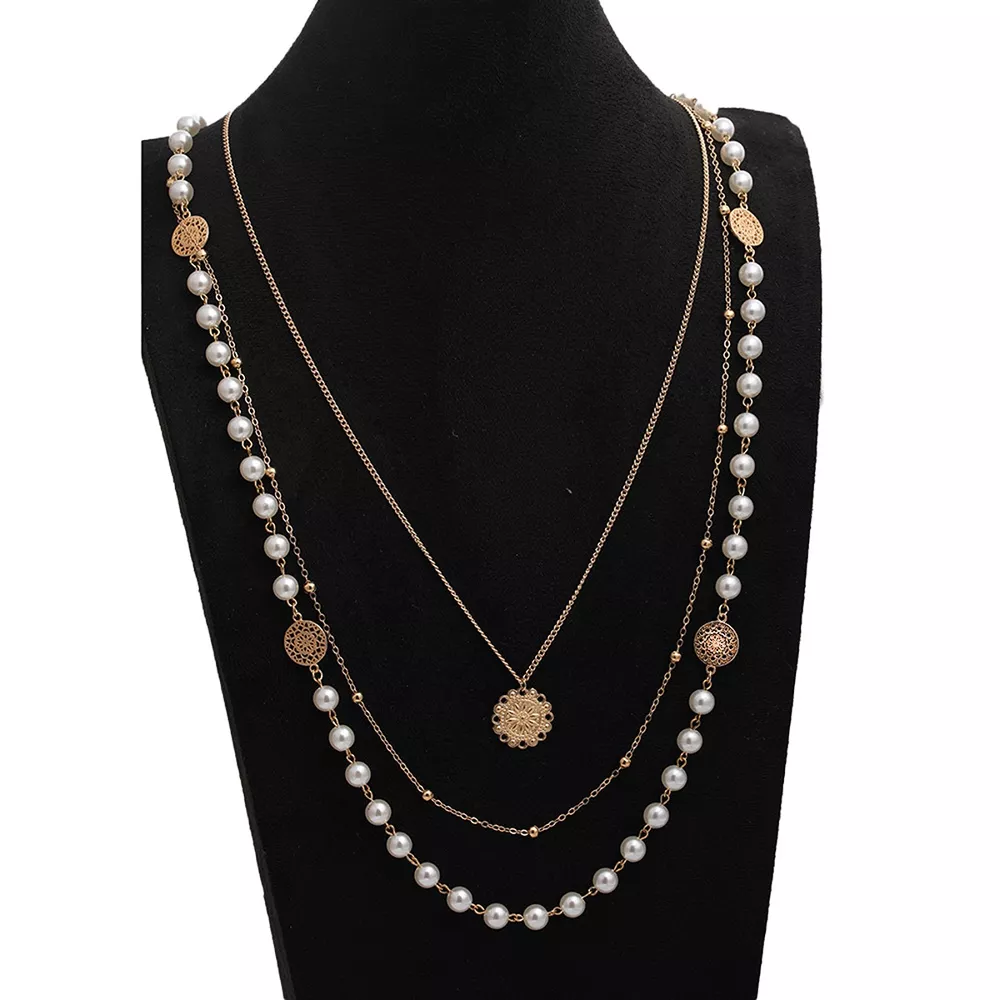 Multi-Layered Pearl and Coin Pendant Necklace, image 5