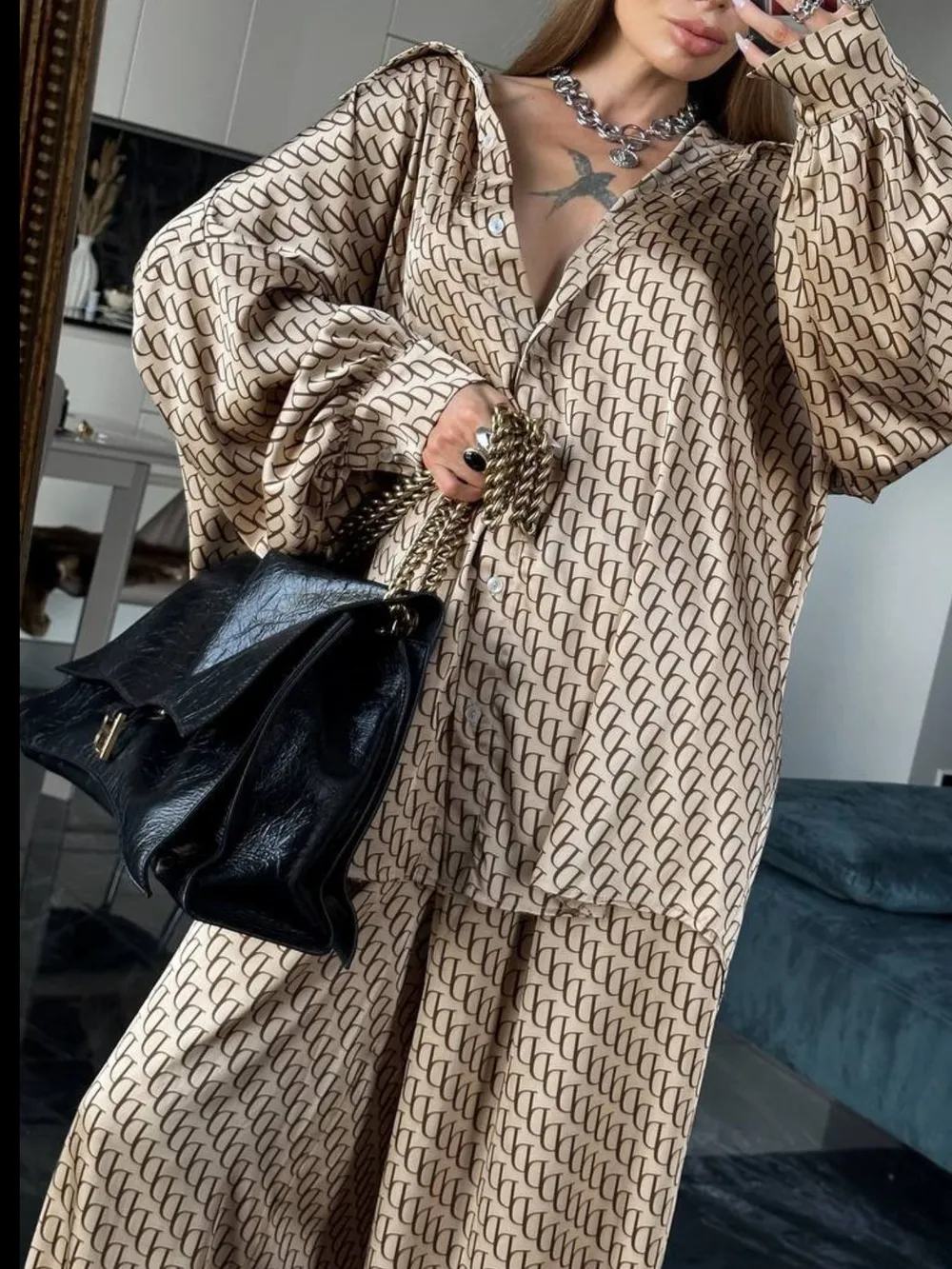 Printed Button Up Shirt and Pants Set, image 4