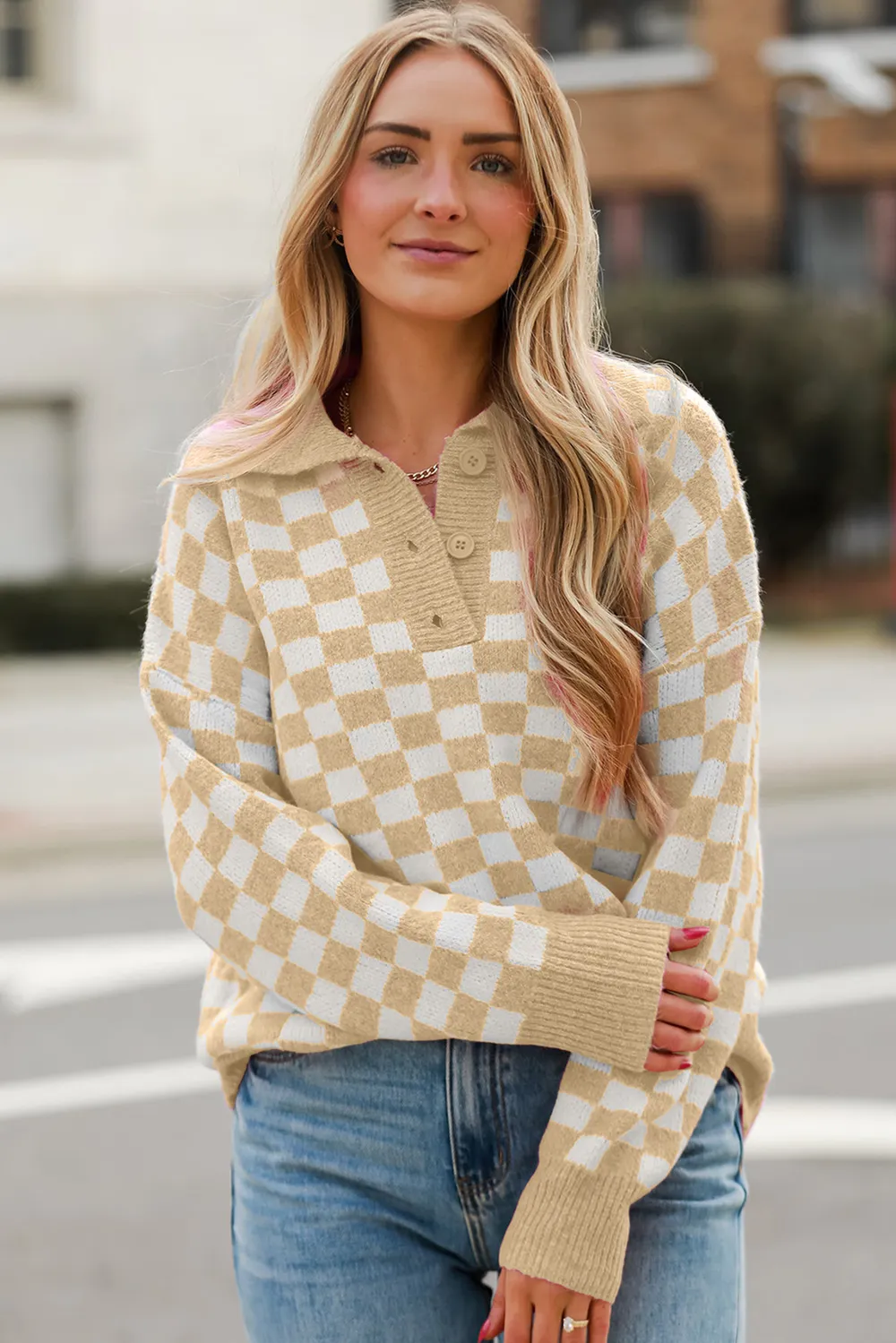 Checkered Collared Neck Long Sleeve Sweater, image 17