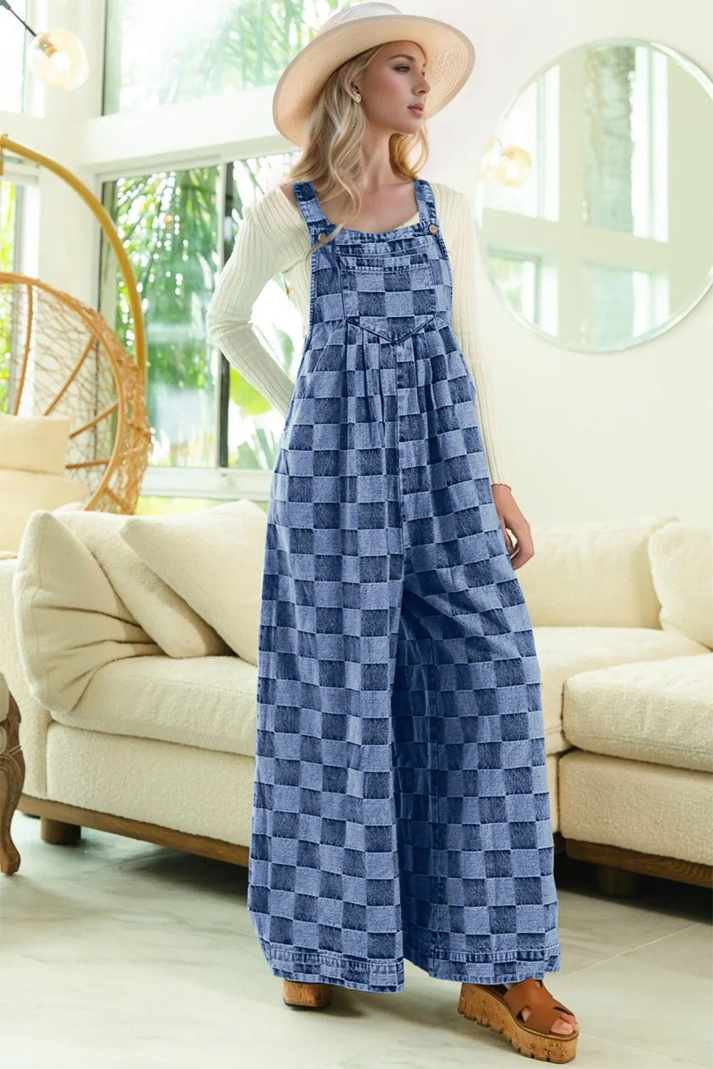 Checkered Sleeveless Wide Leg Denim Jumpsuit, image 3