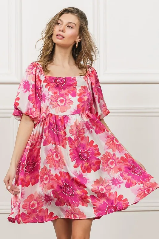 Floral Square Neck Puff Sleeve Mini Dress, image 2