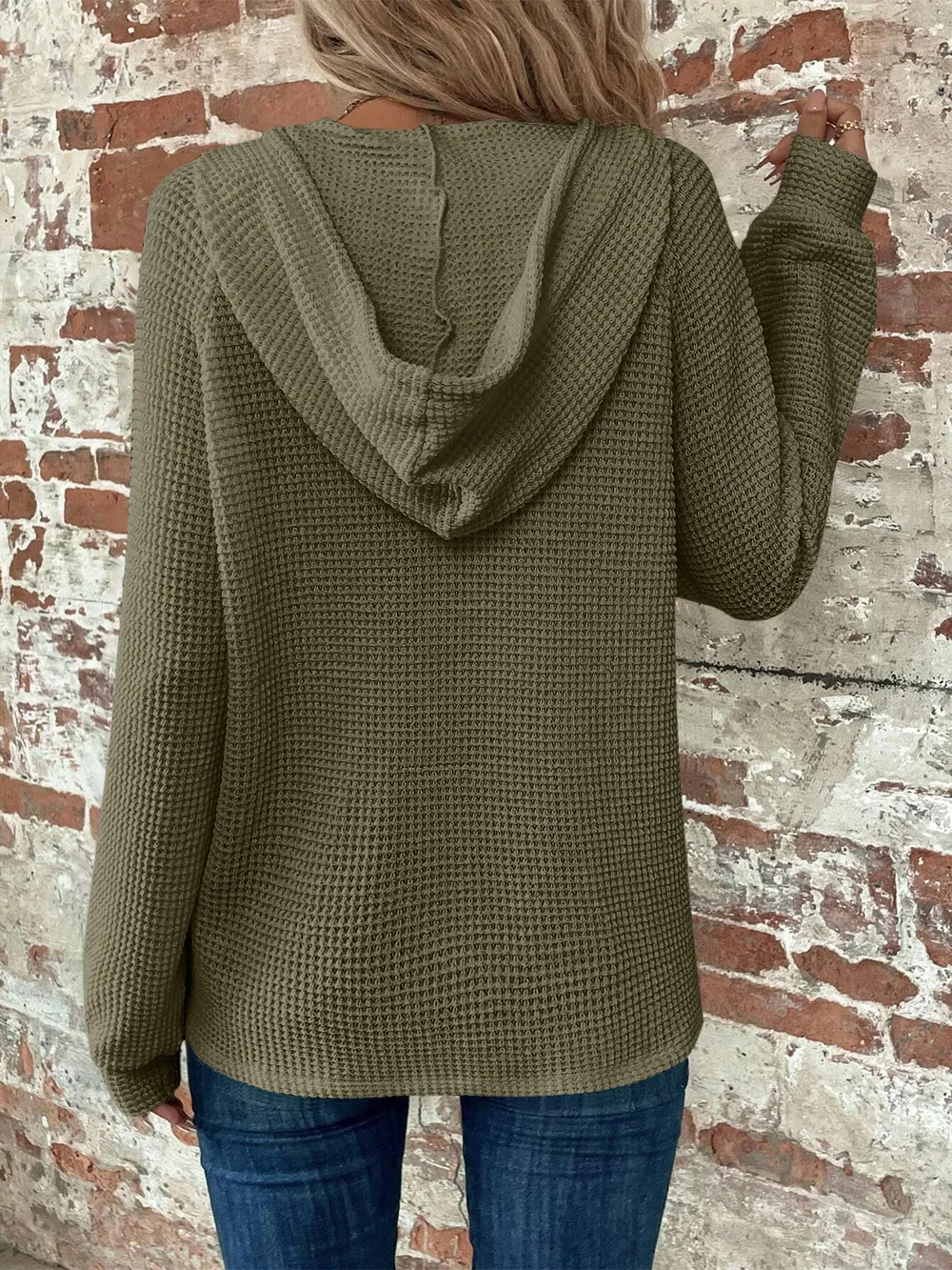 Waffle Knit Long Sleeve Drawstring Hooded Top, image 19