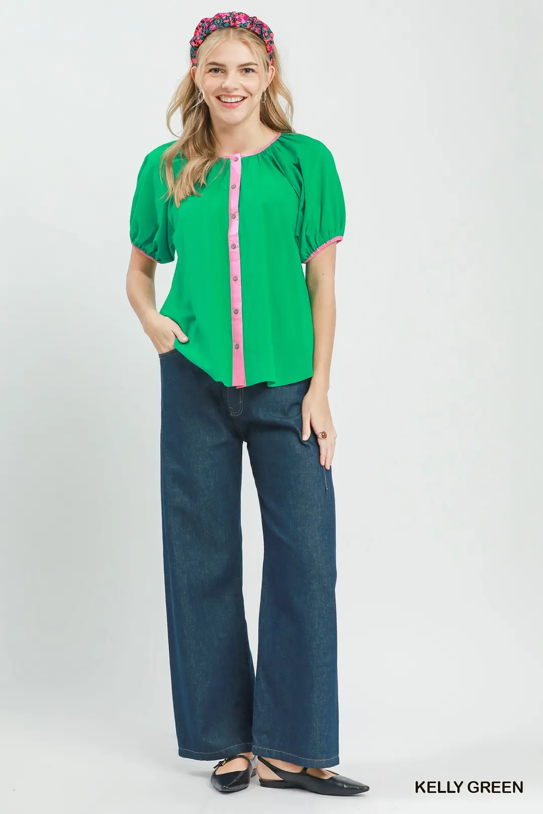 Contrast Trim Button Front Puff Sleeve Blouse, image 5