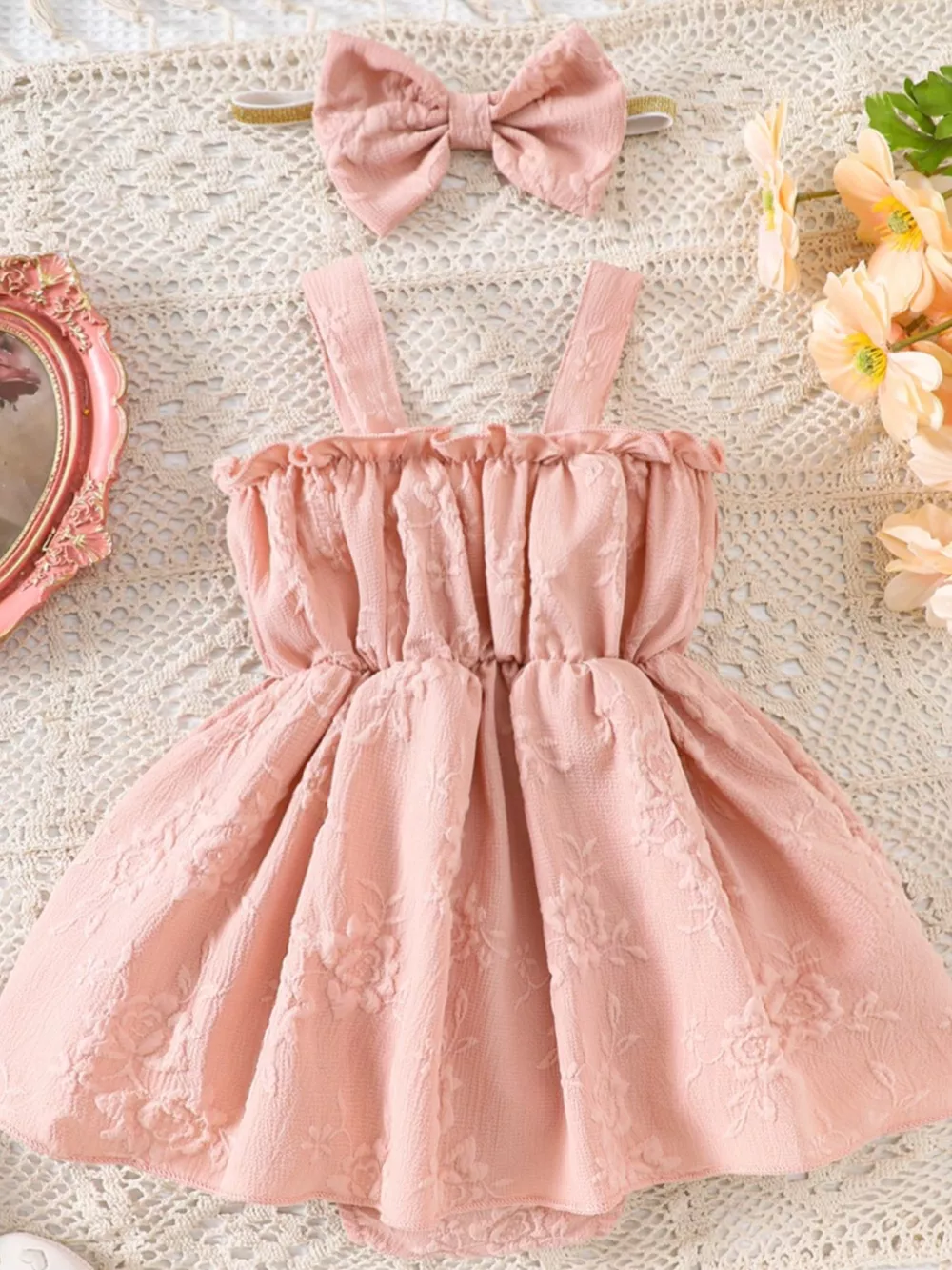 Children's Floral Embossed Ruffle Trim Baby One-Piece with Headband, image 6