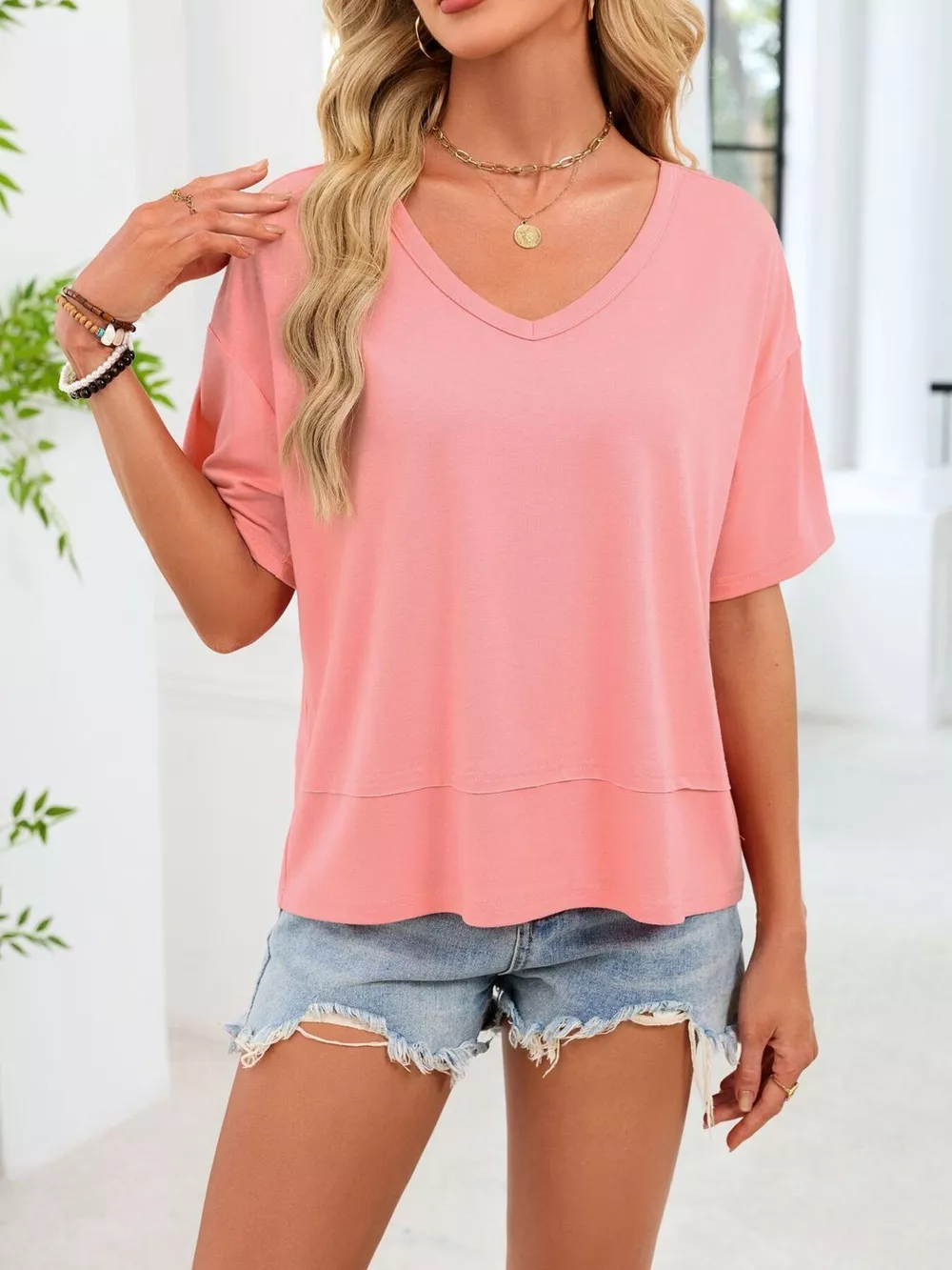 V-Neck Relaxed Fit Solid Color T-Shirt, image 18