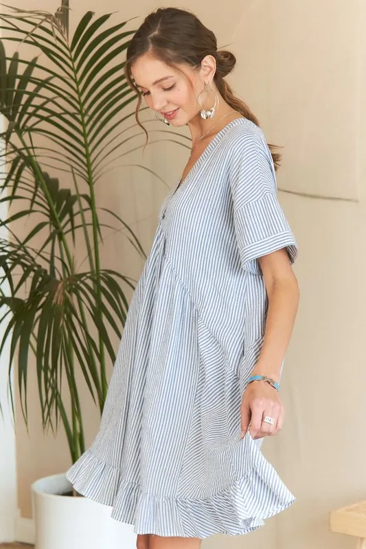 Ruffled Hem Striped V-Neck Babydoll Dress, image 3