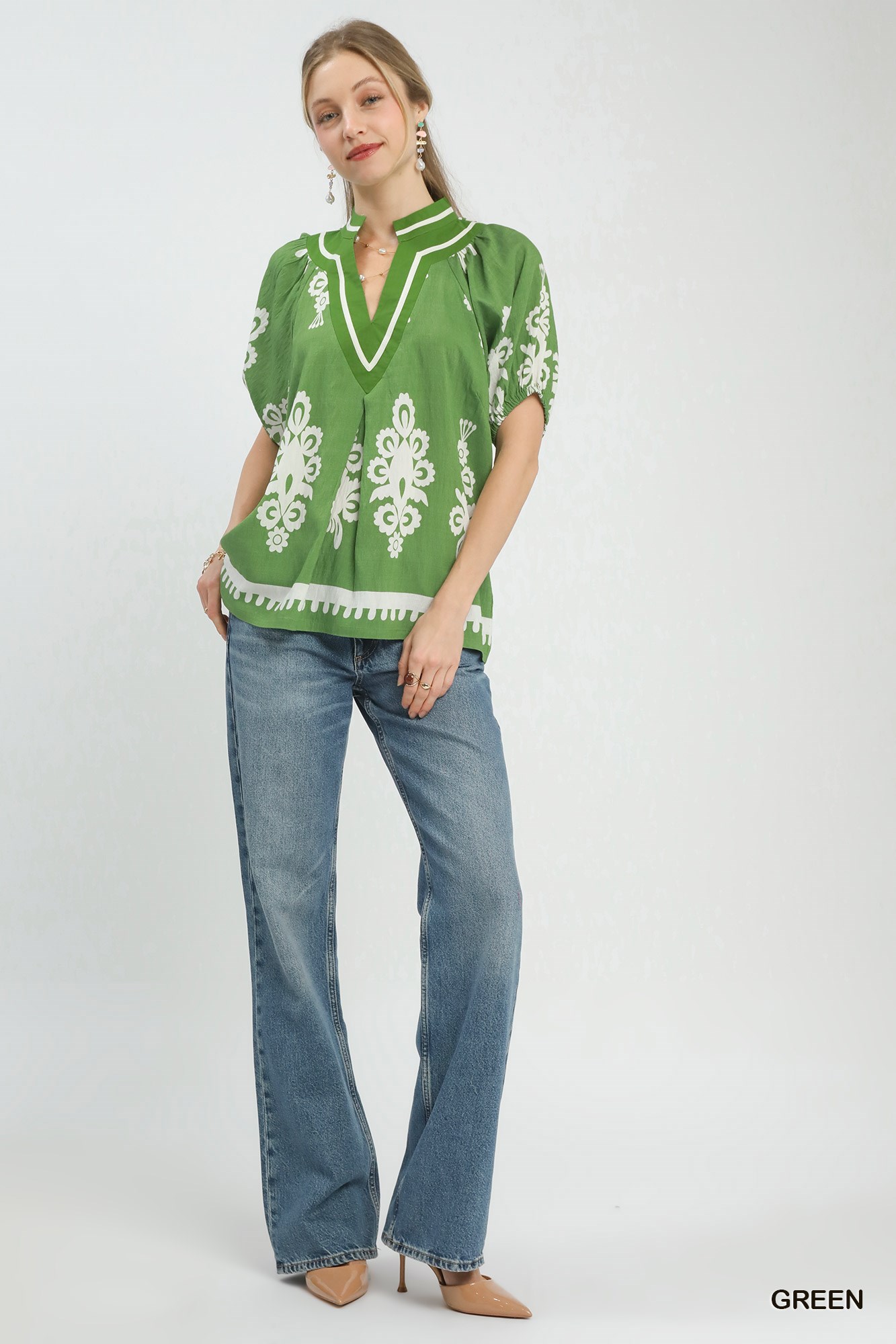 Boho Print Split-Neck Short Sleeve Top, image 4