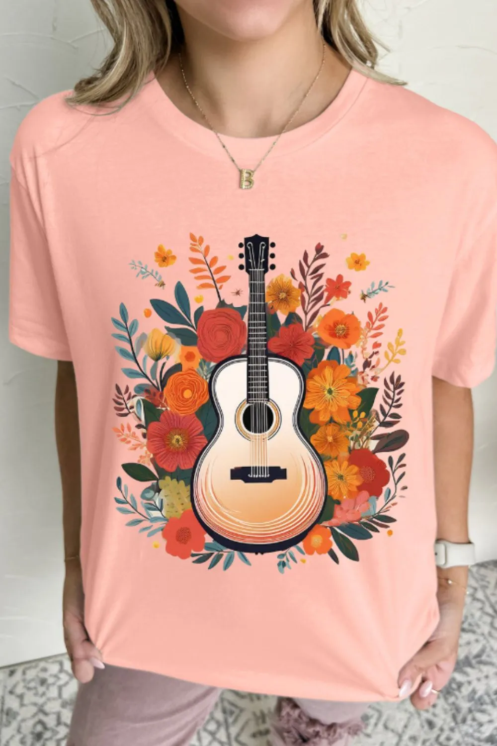 Guitar Flower Print Crew Neck Loose T Shirt, image 6