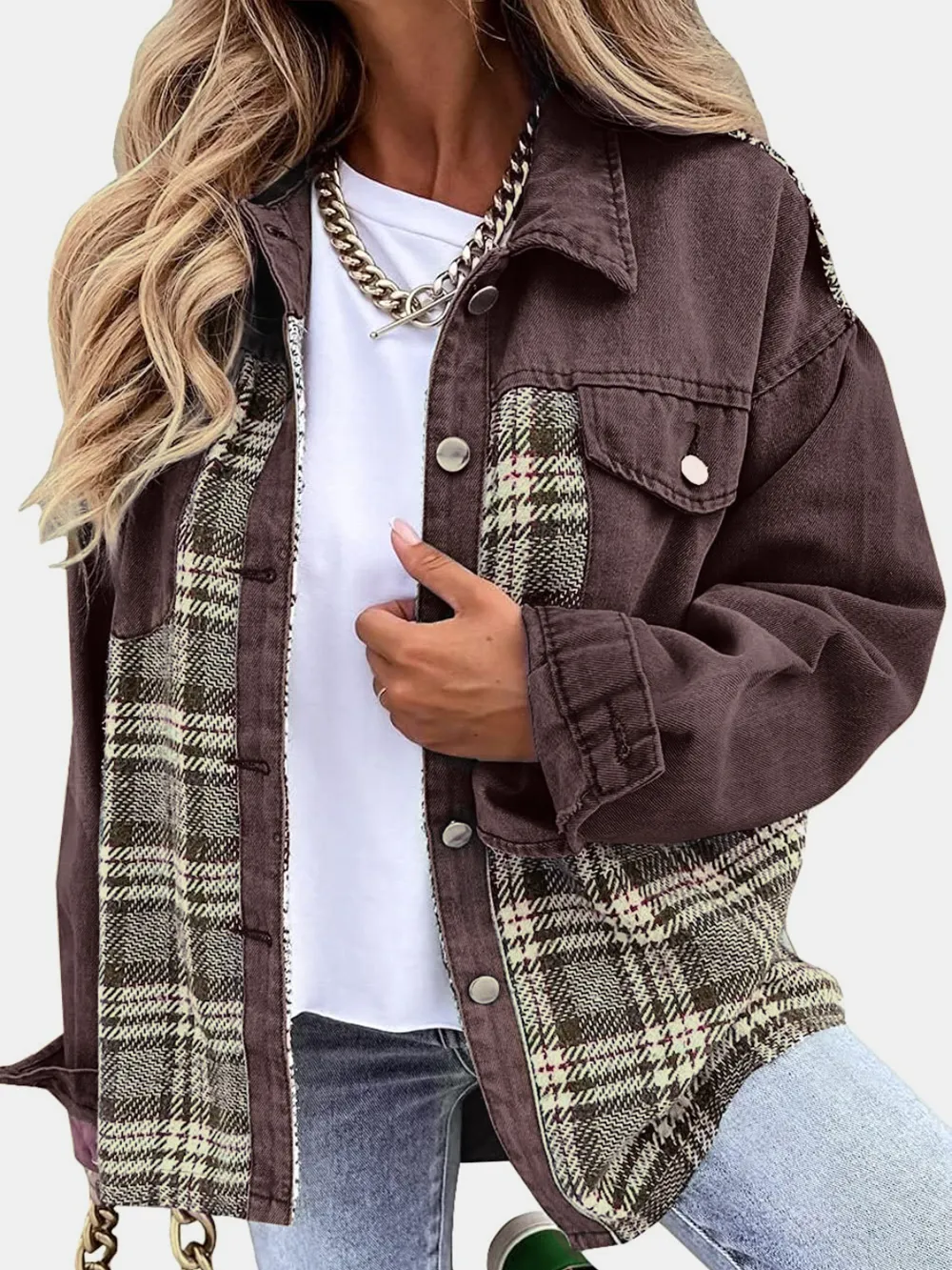 Plaid Button Up Dropped Shoulder Jacket, image 15