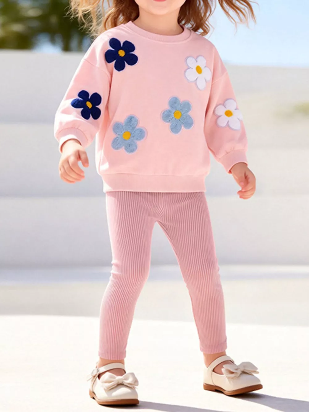 Children's Floral Applique Sweatshirt and Ribbed Leggings Set