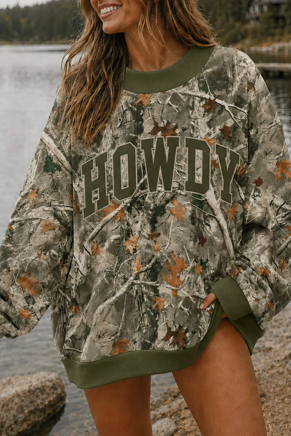 Oversized Camo Print 'HOWDY' Graphic Sweatshirt, image 2