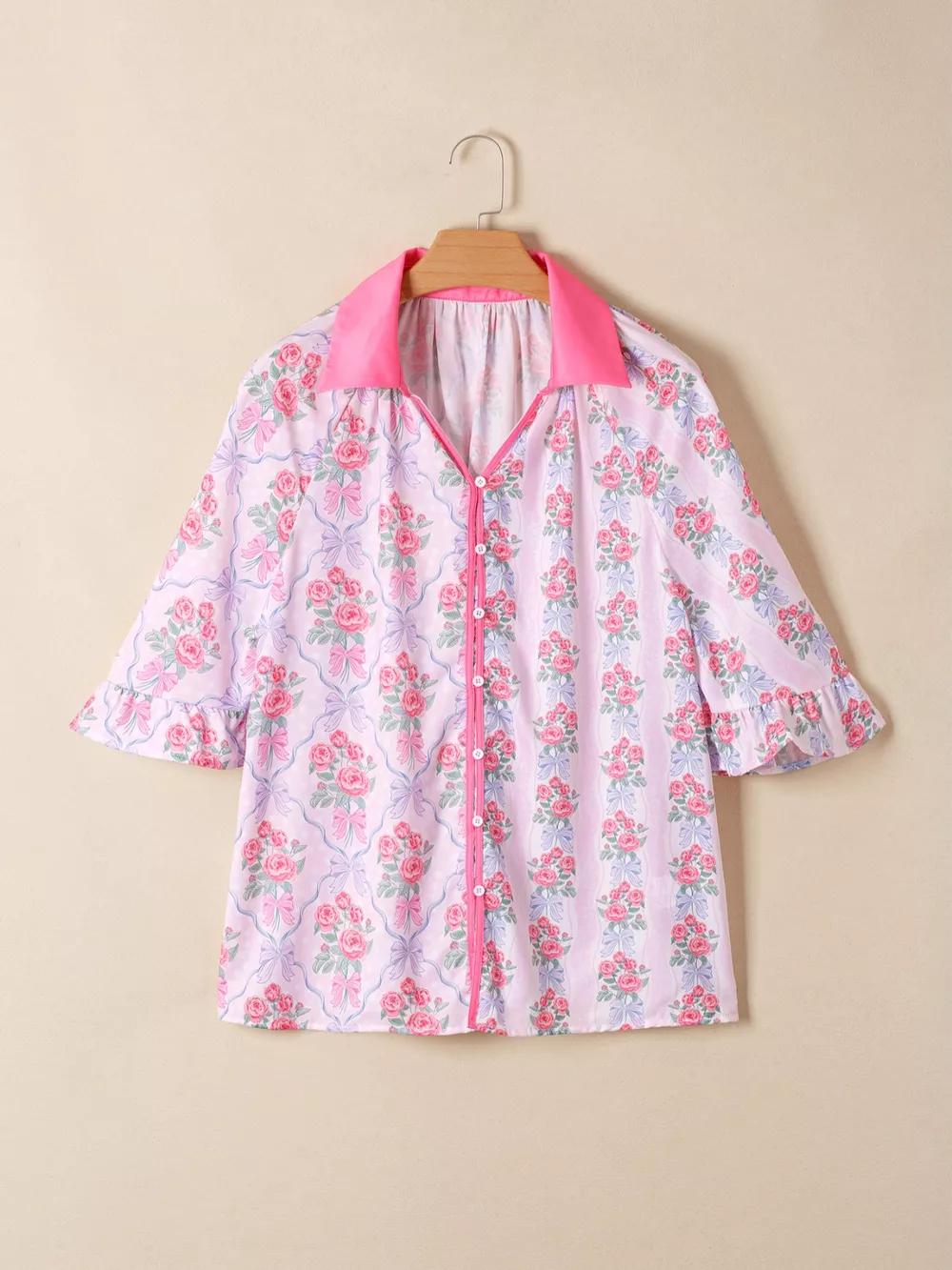 Floral Collared Ruffled Half Sleeve Shirt, image 9