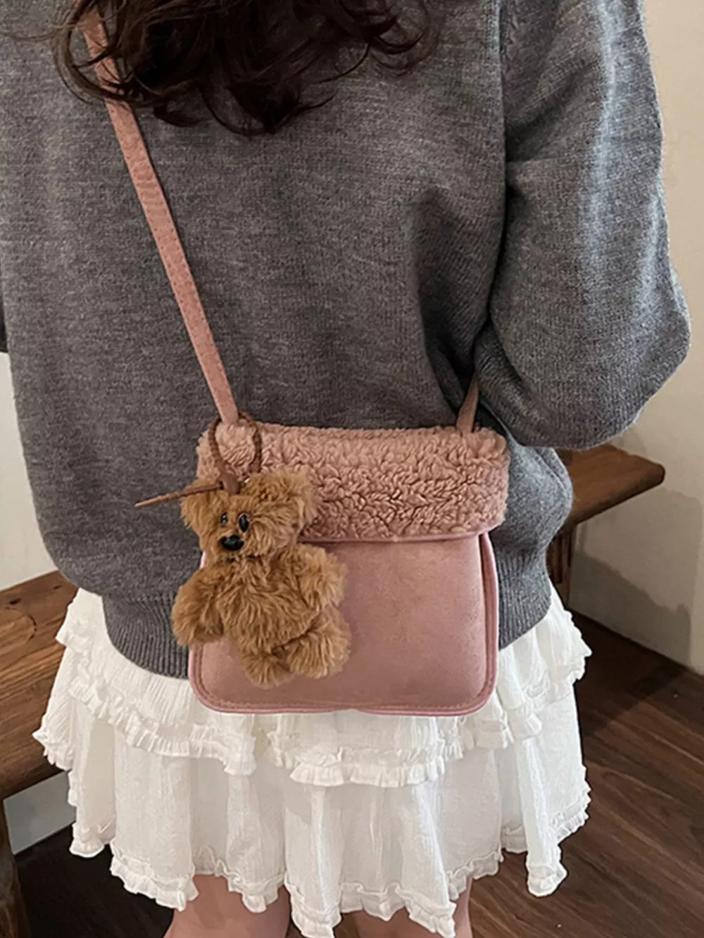 Teddy Bear Charm Plush Trim Crossbody Bag, image 8