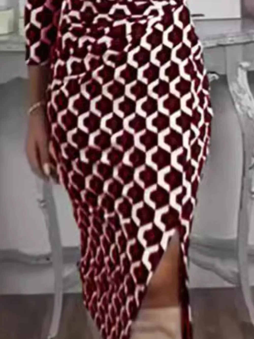 Full Size Geometric Print Mock Neck Ruched Midi Dress Plus Size, image 4