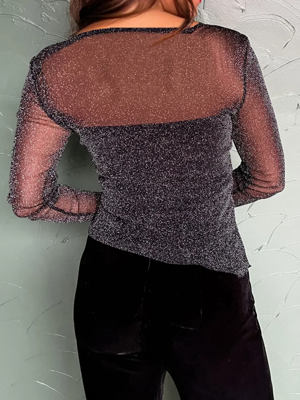 Metallic Glitter Mesh Long Sleeve Top, image 2