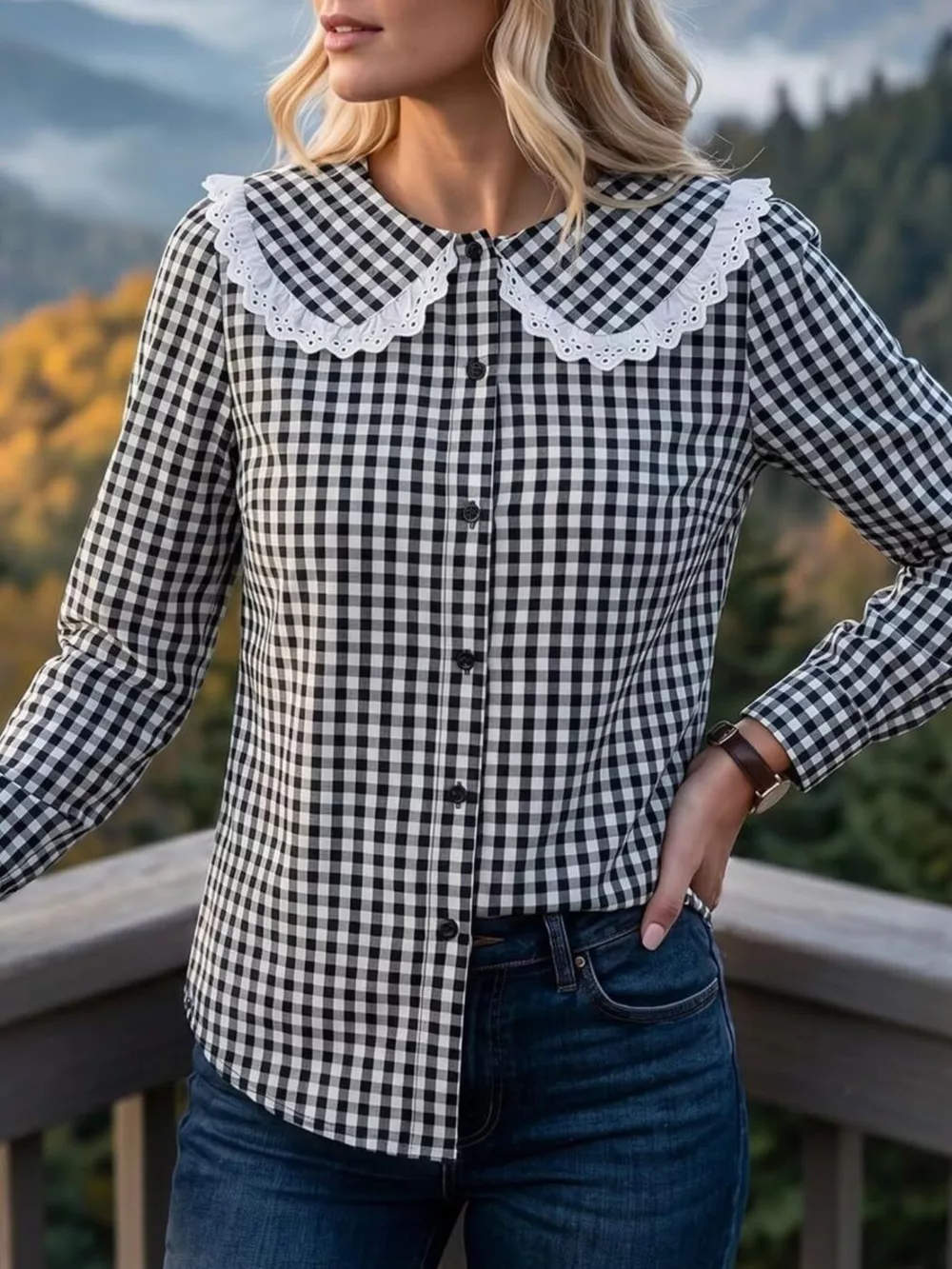 Lace Peter Pan Collar Button Up Shirt, image 2