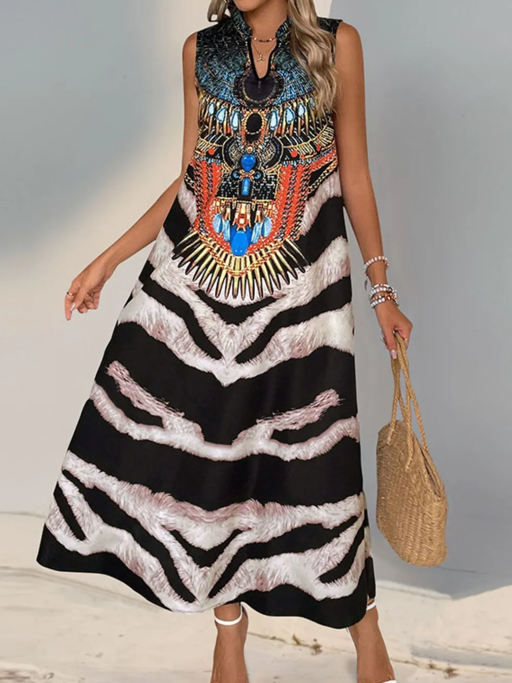 Printed Notched Sleeveless Dress, image 5