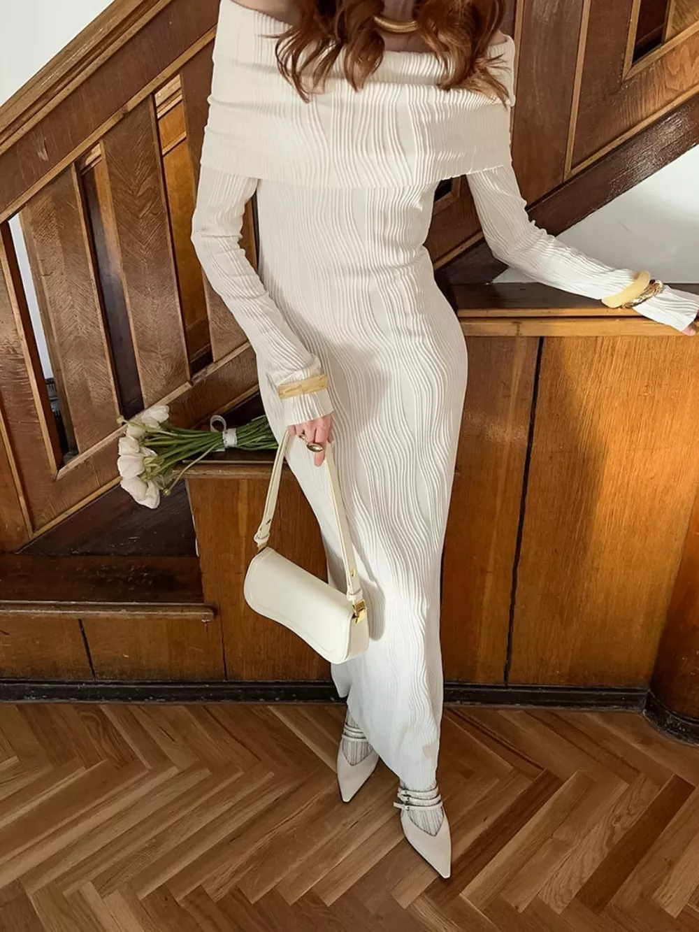 Off-Shoulder Textured Knit Maxi Dress, image 5